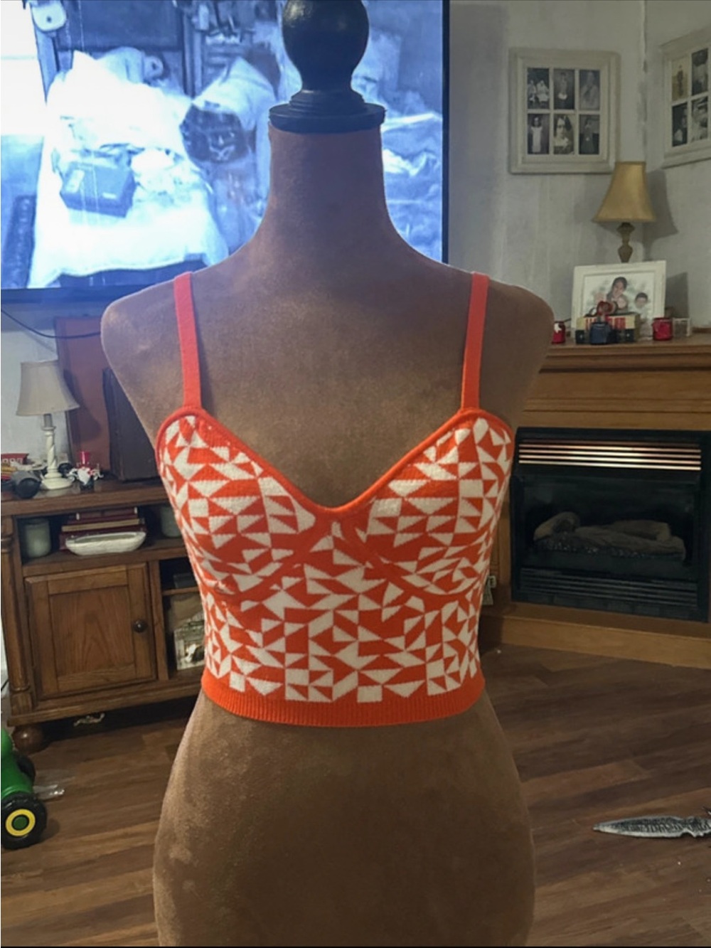 Future Collective x Kahlana Barfield Brown Orange & White Knit Bustier Crop Top